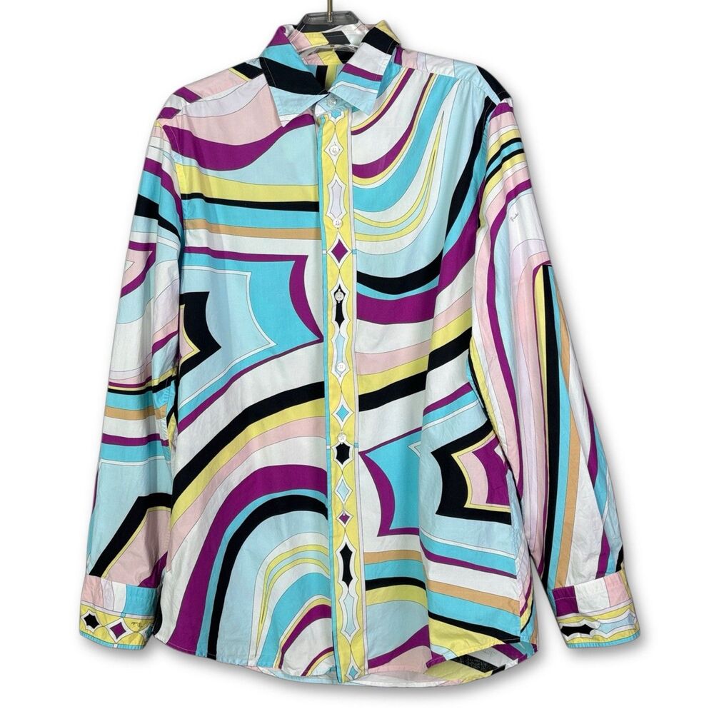 Emilio Pucci Shirt Men's Size Large Long Sleeve 100% Cotton All Over Print NWOT